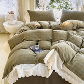 YICKYUE - 2025 Korean Vintage Lace Bedding Set - 4PC Checkered Cotton w/ Romantic Trim | Barefoot Sleep Collection