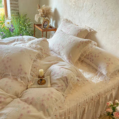 YICKYUE - Winter Thickened Carved velvet Korean Princess Style Bedding Set Duvet Cover Set Lace Quilted Bed Skirt Bedspread Pillowcases