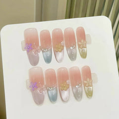 Yickyue 10Pcs Long Oval Handmade Press-On Nails Rainbow Cat-Eye Effect with 3D Flower Designs Perfect for Women&girls Daily Nail Wear