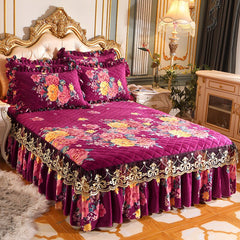 Thick Bedspread Warm Velvet Bed Covers Skirt Floral Print Pattern Lace Bedding Queen Bedded Set Mattress Cover Decor Decoration
