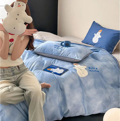 YICKYUE - Cute cartoon snowman blue bedding set,full queen king lovely kawaii 100s cotton home textile bed sheet pillow case duvet cover
