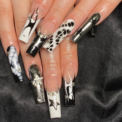 YICKYUE - Punk Cool Fake Nails Y2k Sliver Star Crystal Crocodile Pattern Press on Nails Long Coffin Heavy Metal French False Nails