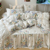 YICKYUE - Pure Cotton Korean Princess Style Bedding Set French Pastoral Country Flowers Duvet Cover Bed Skirt With Pillowcases bed set