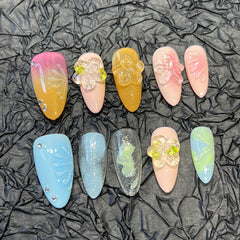 YICKYUE - 10pcs Handmade Press on Nails 3D Resin Flowers Almond False Nails Detachable Wearable Colorful Sweet Cool Y2K Fake Nail Patches