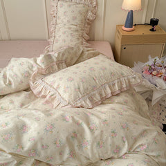 YICKYUE - 3/4Pcs Flower Prints 100% Cotton Korean Princess Style Bedding Set Single Queen Duvet Cover Bed Sheet/Fitted Sheet Pillowcase