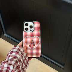 YICKYUE - Ins Red Check Love Heart Phone Case For Iphone 15Pro 12Pro 15 14 13 12 Pro Max 14Promax 3D Cherry Bowknot Pendant Cover Fundas