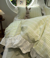 YICKYUE - Fresh fashion green plaid bed set,twin full queen fairyfair lace checked cotton home textile bed sheet pillow case quilt cover