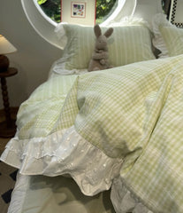 YICKYUE - Fresh fashion green plaid bed set,twin full queen fairyfair lace checked cotton home textile bed sheet pillow case quilt cover