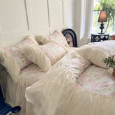 YICKYUE - Rose Flowers Printing Bedding Set Korean Style Luxury Princess Lace Duvet Cover Bed Skirt Pillowcases 100% Cotton Home Textile