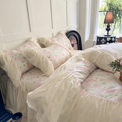 YICKYUE - Rose Flowers Printing Bedding Set Korean Style Luxury Princess Lace Duvet Cover Bed Skirt Pillowcases 100% Cotton Home Textile
