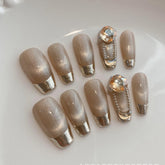 YICLYUE 10pcs Handmade Nail Y2K Fake Nails Champagne Cat's Eye False Nails Full Diamond Mirror French Style Ballet Nails Sweet Cool Girl