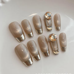 YICLYUE 10pcs Handmade Nail Y2K Fake Nails Champagne Cat's Eye False Nails Full Diamond Mirror French Style Ballet Nails Sweet Cool Girl