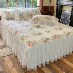 YICKYUE - French Vintage Pure Cotton Rose Print Ruffles Bedding Set Duvet Cover Set Bed Skirt Bedspread Pillowcases Queen King Size 4Pcs