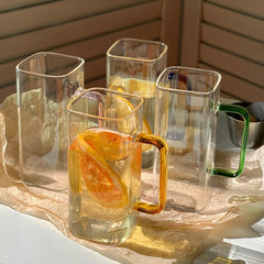 400ml Creative Square Glass Cup With Handle Straw Clear Vintage Coffee Tea Juice Milk Wine Beverage Gasses Mugs For Drinks Gift