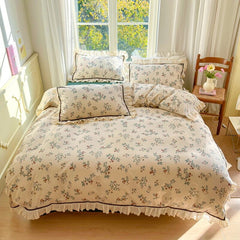 Yickyue Floral Print Pure Cotton Home Bedding Set Lace Edge Duvet Cover Set With Flat Sheet Vintage Rose Comforter Covers Pillowcases