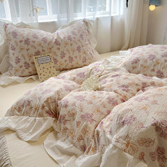 YICKYUE - Bedding Set Korean Style New Small Floral Water Washed Cotton Lace Duvet Cover Set Queen Size