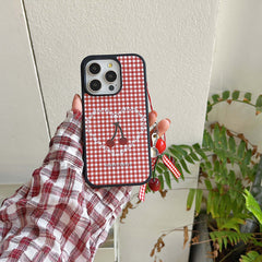 YICKYUE - Ins Red Check Love Heart Phone Case For Iphone 15Pro 12Pro 15 14 13 12 Pro Max 14Promax 3D Cherry Bowknot Pendant Cover Fundas