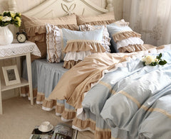 New Classic Blue Lace Bedding Set Flounces Lattice Block Process Princess Bedding Ruffle Duvet Cover Bedskirt Bed Sheet Sets