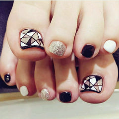 24Pcs Glitter Silver Artificial Fake Toe Nails Smile Star False Toenail DIY Foot Nail Art Tips With Design Manicure Tools