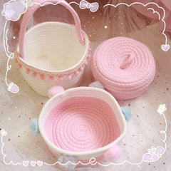 Round White Pink Small Hand Woven Basket Bedside Tabletop Snacks Storage Basket Cosmetics Coffee Table Storage Baskets