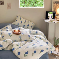 YICKYUE - Blue Tulip Velvet Bedding Set