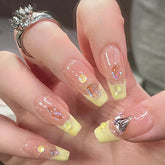 YICKYUE - 24Pcs Yellow French Fake Nails Long Coffin False Nails with Rhinestones Detachable Ballerina Full Cover Nail Tips Press on Nails