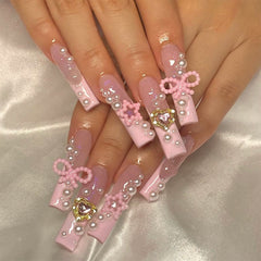 YICKYUE - 24pcs Pink Bowknot False Nails Retro Pearl Design Artificial Nail Patch for Girl Women Long Coffin European False Nail Patches