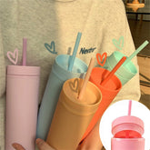 Ins Summer Cute Macaron Water Bottle With Straw Plastic Straw Cup Girl Milk Tea Coffee Cups Portable Cold Drink Water Bottle