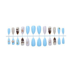 YICKYUE - 24pcs 3D Sea Shells Decor Fake Nails Ins Blue Sea Starfish Press on Nails Full Cover Wearable French Almond False Nail Tips