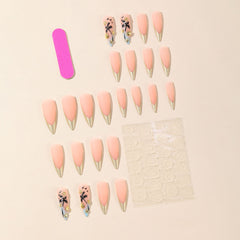 YICKYUE - 24pcs Summer Beach False Nails Shiny Gold Powder Design French Press on Nails Full Cover Wearable Long Pointed Fake Nail Patches