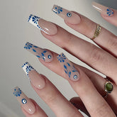 YICKYUE - 24pcs Baroque Blue Fake Nails Long Coffin Ballet False Nails for Women Lady Wearable Manicure Set European Press on Nails