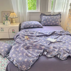 YICKYUE - 4pcs Lace Quilt Set Flat Sheet 2 Pillowcases Flowers Printed Summer Blanket Queen Size French PrincessWrinkled Yarn Bedding Set
