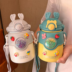 850 ML Cute Cartoon Big Belly Cup Stainless Steel Portable Strap Large Capacity Kids Thermos Water Bottle With Straw For Girls
