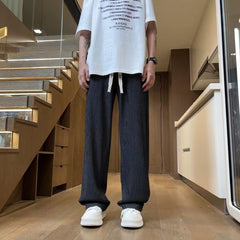 Hearujoy Texture Ice Silk Quick Drying Casual Pants Men Drawstring Loose Straight Leg Trousers Summer Fashion Sport Pant Streetwear