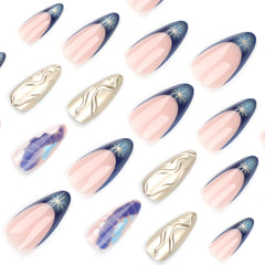 YICKYUE - 24pcs Y2k Gradient French False Nails Long Almond Nails Press On Nails Round Wearable 3D Gold Embossed Decor Fake Nail Finished