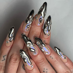 YICKYUE - Irregular French 3D Silver False Nails Wearable Mirror Fake Nails Press On Nails y2k Long Almond Nails Diamond Decor Full Cover