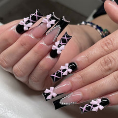 YICKYUE - 24pcs Long Water Pipe Fake Nails y2k Press On Nails Tips Wearable Black French False Nails Cross Bow Pearl Decoration Full Cover