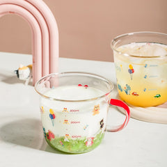 Cute Cartoon Coffee Milk Juice Mug with Scale Transparent High Borosilicate Glass Water Tea Cup INS Kids Adults Breakfast Cup