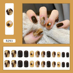 Amber Fake Nails Art Nail Tips Press on False Nails Set Full Cover Artificial Short Square Head Fingernails 24pcs/pack