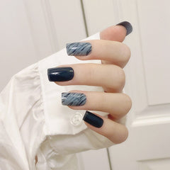 False nails with designs Squoal Head Blue and Gray Smudged stick on nails Finished Nail art 24 Pcs With Glue for girls