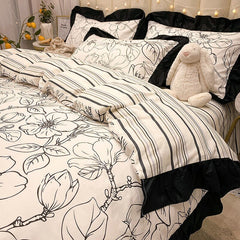 100% Cotton High Quality Black White Flower Modern Four-Piece Set Bedding Sheet Quilt Cover Pillow Cover IG Fashion