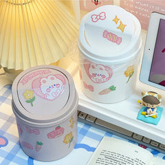 Kawaii Trash Can With Sticker Plastic Desk Storage Bucket Mini Cute Recycle Trash Bin For Home Office Car Kitchen Pencil Holder