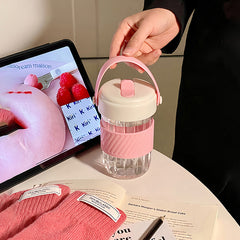 YICKYUE - Kawaii Water Bottle BPA Free For Girls Pink Plastic Cup With Straw Handle Travel Coffee Juice 420ml Drink Bottle Women Tumbler