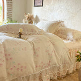 YICKYUE - Winter Thickened Carved velvet Korean Princess Style Bedding Set Duvet Cover Set Lace Quilted Bed Skirt Bedspread Pillowcases