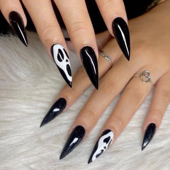 YICKYUE - 24pcs Halloween Long Stiletto Black Fake Nails Set Press On Almond Nails Full Cover False Nails with White Ghost Design Finished