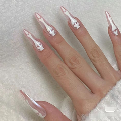 YICKYUE - 10Pcs White Handmade Press on Nails Long Almond Fake Nails with Bones Design Removable Acrylic Nail Art Tips for Girls Halloween