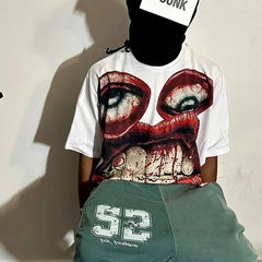Hearujoy Y2K Cotton T Shirt Mens Womens Harajuku Hip Hop Big Eyes Mouth Graphic Printed Oversized T Shirt Retro Classic Short Sleeve Tops