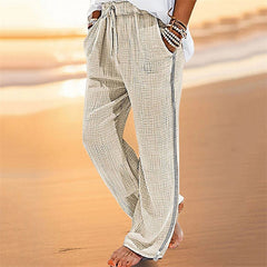 Hearujoy Vintage Men Pleated Cotton Linen Casual Pants Drawstring Side Zip Elastic Waist Comfort Breathable Beach Trousers Straight Pants