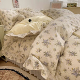 YICKYUE - 3/4Pcs Vintage French Fresh Floral Lace Ruffles 100% Cotton Bedding Set Duvet Cover Bed Skirt/Bed Sheet/Fitted Sheet Pillowcases