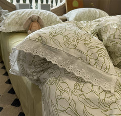 YICKYUE - Fashion pastoral flower green tulip lace beding set,twin full queen lovely cotton home textile bed sheet pillow case quilt cover